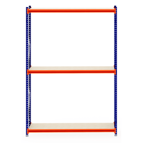 RackZone Longspan Shelving, 600mm timber, starter unit, blue & orange frame.