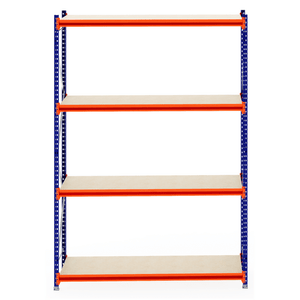 RackZone Longspan Shelving 800mm, 4 beige shelves, blue-orange frame.