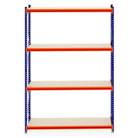 RackZone Longspan Shelving 800mm, 4 beige shelves, blue-orange frame.