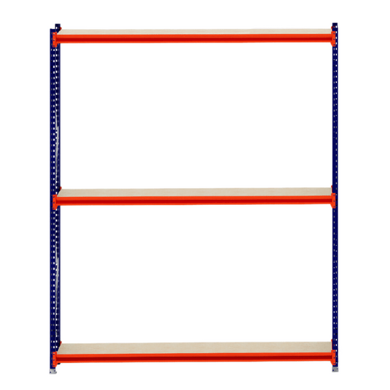 RackZone Longspan Shelving 400mm Laminated Timber Starter, blue and orange frame.