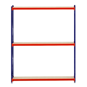 RackZone Longspan Shelving 400mm Laminated Timber Starter, blue and orange frame.