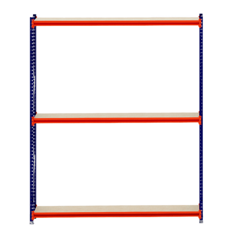 RackZone Longspan Shelving 400mm Laminated Timber Starter, blue and orange frame.