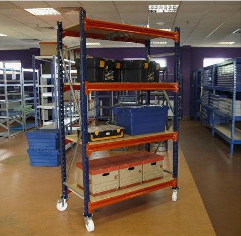 RackZone Mobile Longspan Shelving 2150H with 4 Levels, White Chipboard Shelves.