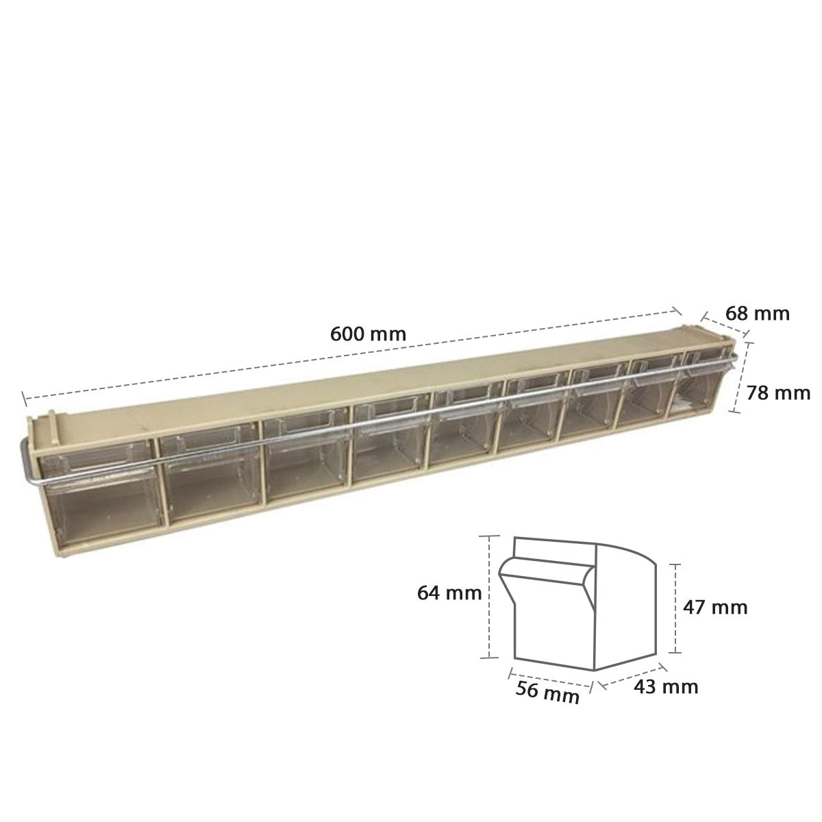 RackZone Storage Tilt Bin Madia 1: 9 clear bins, 600x68x78mm, beige.