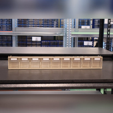 RackZone Storage Tilt Bin Madia 1, 9 compartments, on black metal shelf.