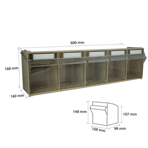 RackZone Storage Tilt Bin Madia 3, 5 sections, 600x140x168mm, labeled.