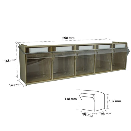 RackZone Storage Tilt Bin Madia 3, 5 sections, 600x140x168mm, labeled.
