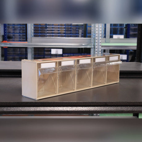 RackZone Storage Tilt Bin Madia 3, 5-tilt bins on a black warehouse shelf.