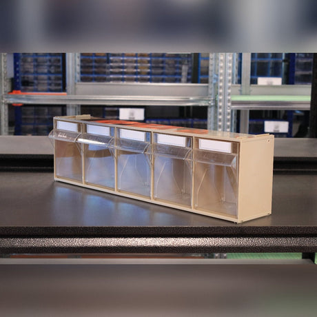 RackZone Storage Tilt Bin Madia 3, beige, 5 clear bins on black table.