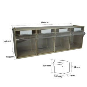RackZone Storage Tilt Bin Madia 4, 600x178x206mm with diagram and specs.