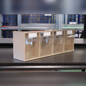 RackZone Storage Tilt Bin Madia 4 for small items on a black warehouse table.