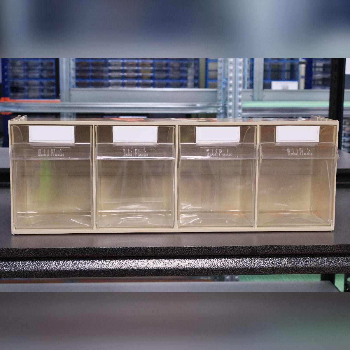 RackZone Storage Tilt Bin Madia 4 for small item storage, black shelf included.
