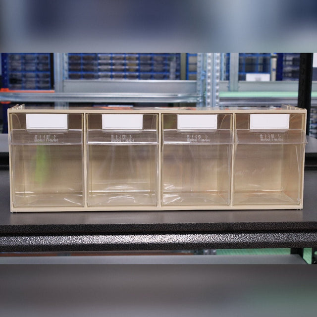 RackZone Storage Tilt Bin Madia 4 for small item storage, black shelf included.