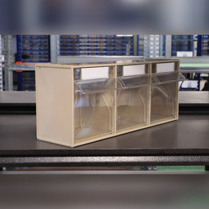 RackZone Storage Tilt Bin Madia 5: 3 beige tilt bins with clear flip-front lids.