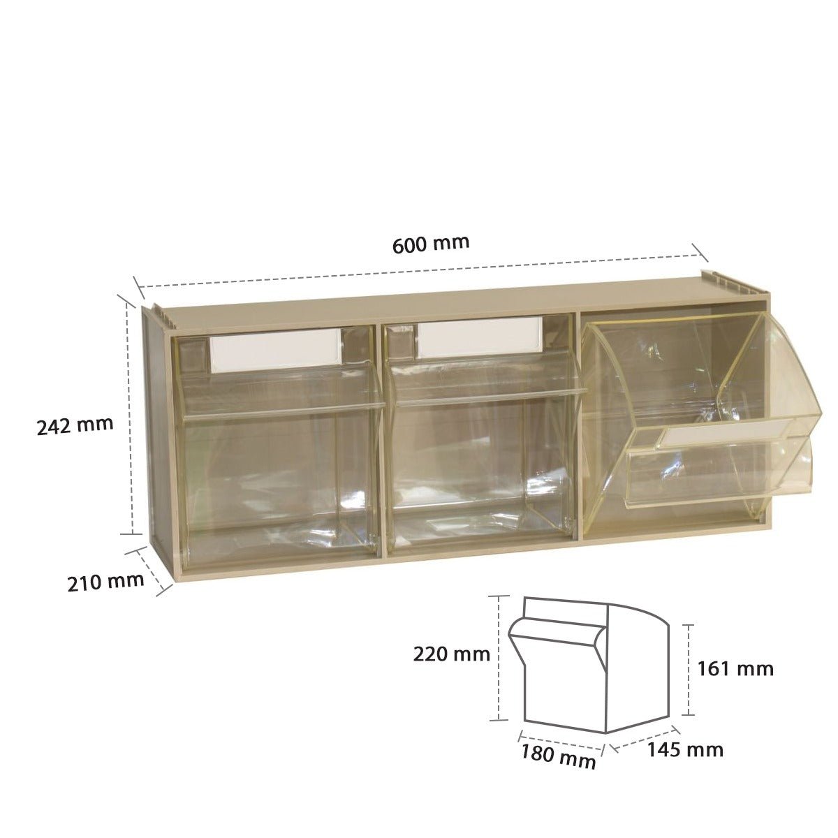 RackZone Storage Tilt Bin Madia 5 (3-Bin), 600x210x242mm, durable plastic.