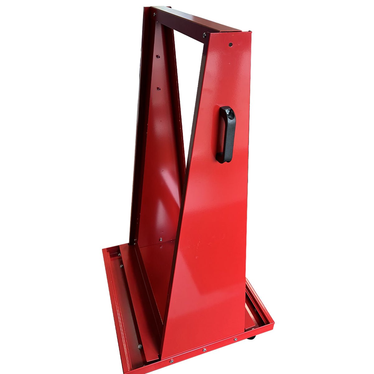 RackZone Mobile Tilt Bin Frame: red metal, angled triangle frame with handle.