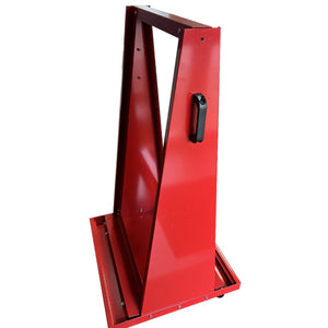 RackZone Mobile Tilt Bin Frame: red metal, angled triangle frame with handle.