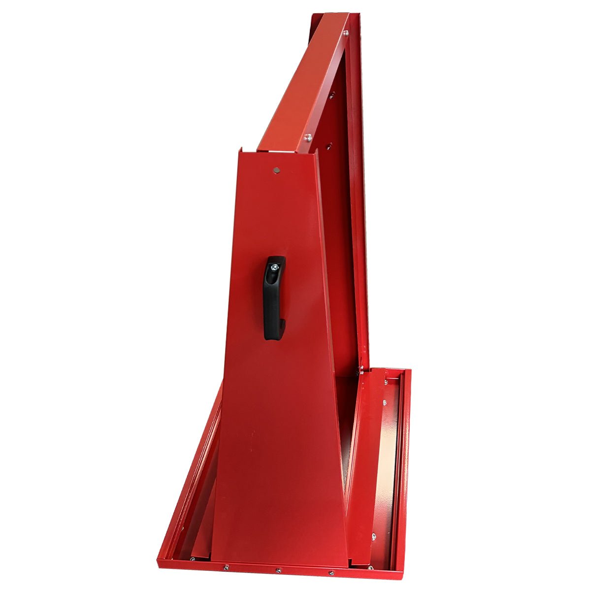 RackZone Mobile Tilt Bin Frame, red metal A-frame with handle, side view.