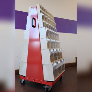 RackZone Mobile Tilt Bin System c/w Frame with clear bins on wheels.