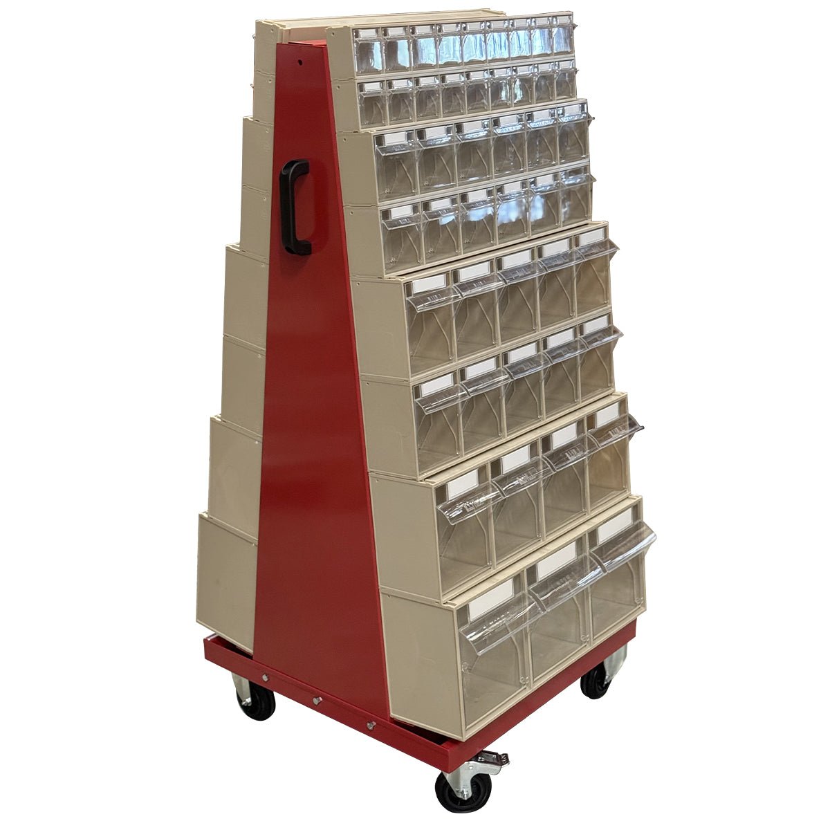 RackZone Mobile Tilt Bin System c/w Frame with double-sided clear bins.