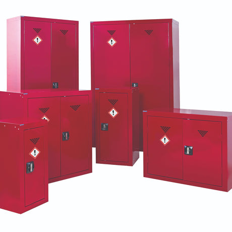 Six RackZone pesticide cabinets with 3 shelves on a white background.