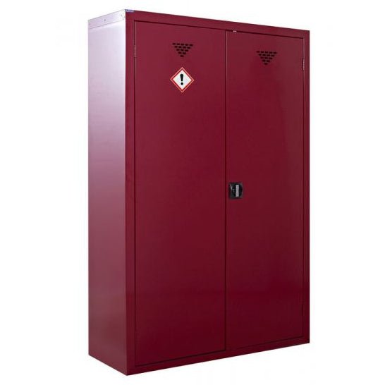 RackZone maroon metal pesticide cabinet, 3 shelves, 1800x900x460 mm.