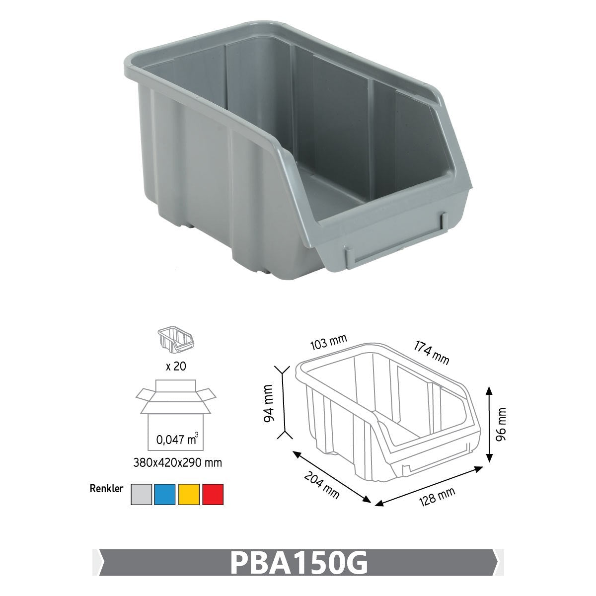 RackZone Storage Part Bins A150, grey, 96x128x204mm, pack of 20.