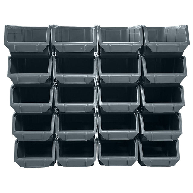 Set of 20 RackZone A150 grey stackable bins, 96h x 128w x 204d, for easy organization.