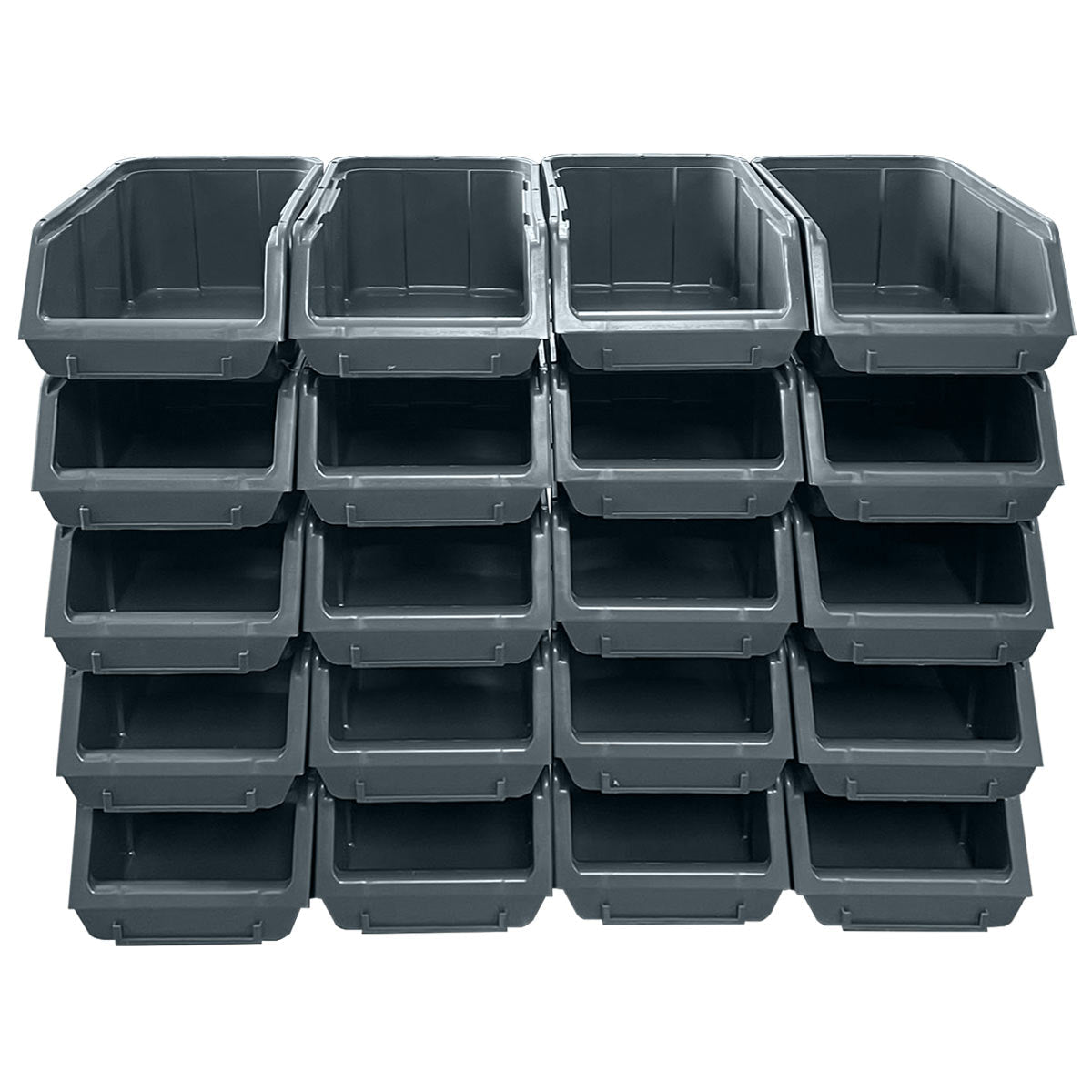 RackZone Storage Part Bins A150, set of 20 grey bins in 4 rows, 5 columns.