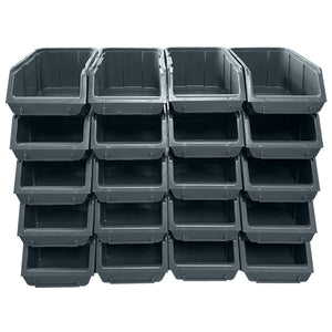 RackZone Storage Part Bins A150, set of 20 grey bins in 4 rows, 5 columns.