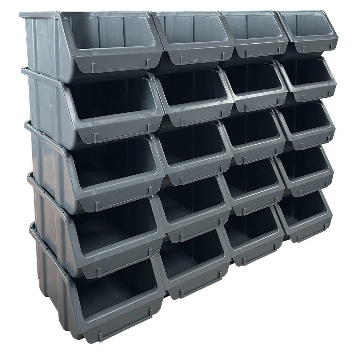 A stack of 20 grey RackZone Storage Part Bins A150 arranged in four rows.