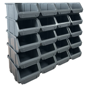 A stack of 20 grey RackZone Storage Part Bins A150 arranged in four rows.