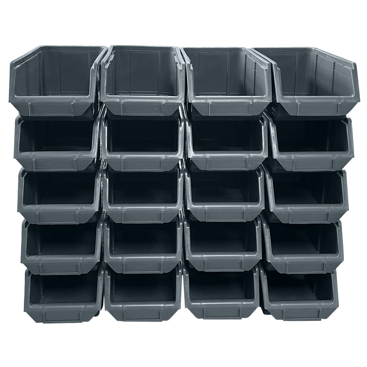 20 RackZone Storage Part Bins A200, grey, stacked in 4 rows of 5.