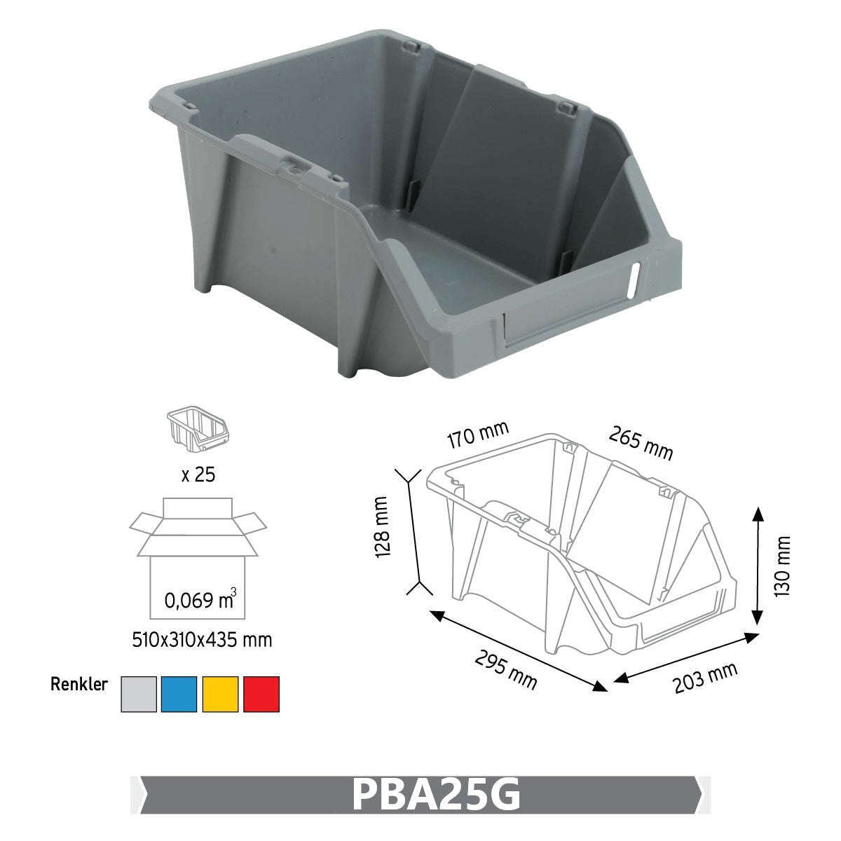RackZone Economy Part Bins KPA25, 130x200x300mm, 25 pack, grey.
