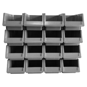 Stack of 16 grey RackZone PA315 storage bins, 150h x 173w x 307d.