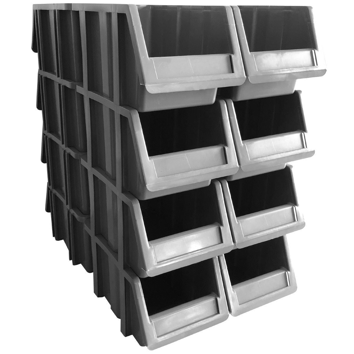 RackZone Storage Part Bins PA315, 16 gray bins in a grid, open fronts.