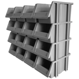 Sixteen RackZone PA315 grey storage bins stacked in three rows.