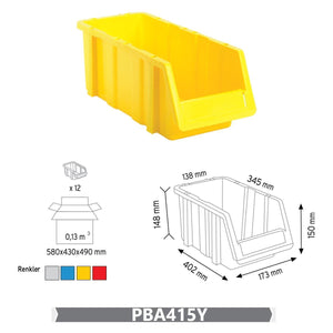 RackZone Storage Part Bins PA415, 150x173x402mm, Grey, Pack of 12 shown.