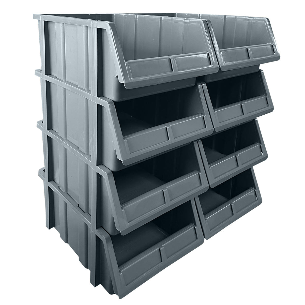 RackZone PA515 grey storage part bins, pack of 8, open fronts, stacked.
