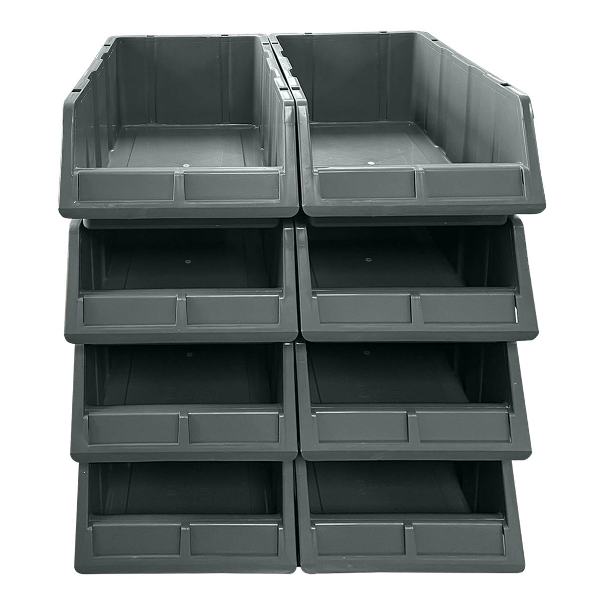 Eight Grey Storage Part Bins by RackZone stacked in two columns of four.