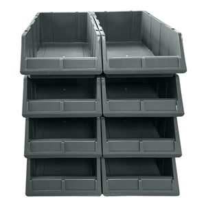 Eight Grey Storage Part Bins by RackZone stacked in two columns of four.