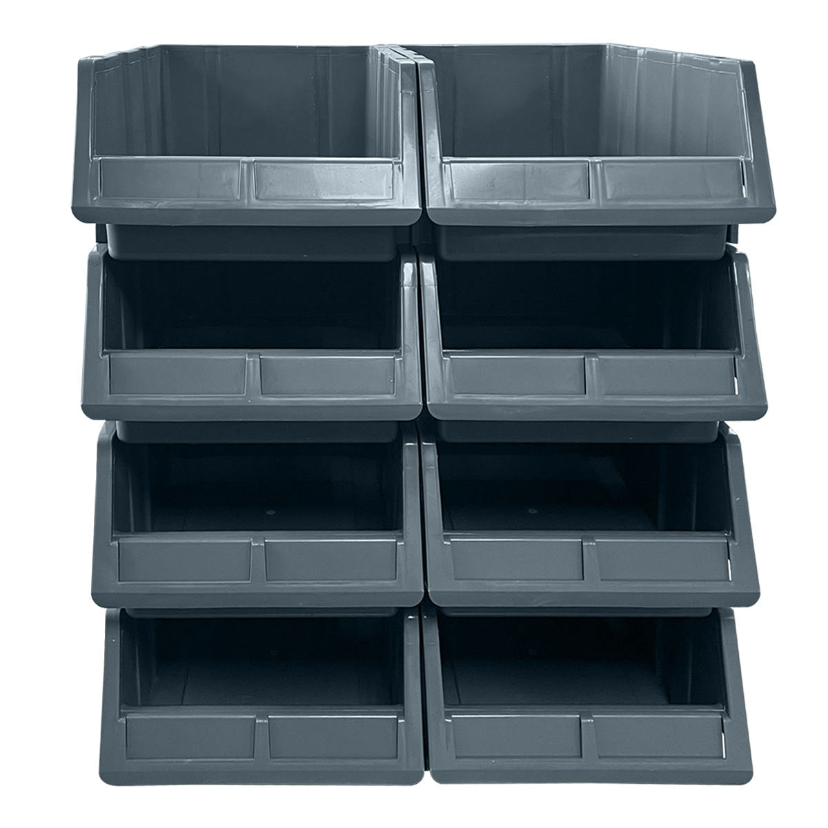 Eight RackZone grey storage bins PA515 stacked, front view.