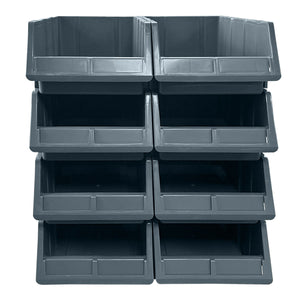 Eight RackZone grey storage bins PA515 stacked, front view.