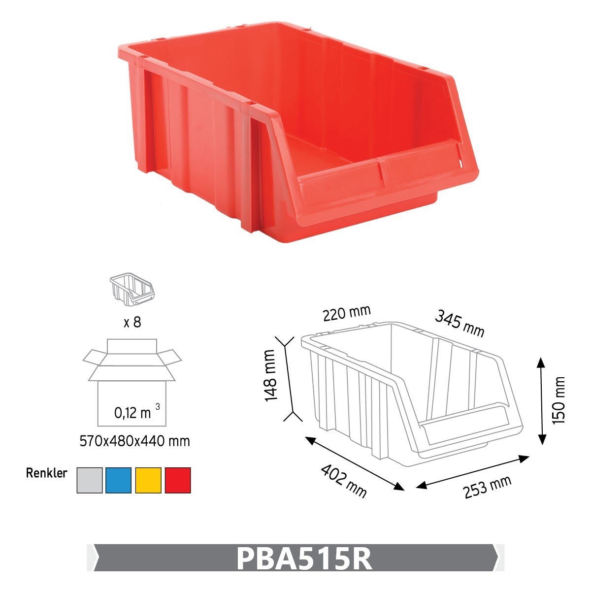 RackZone Storage Part Bins PA515, 150x253x402mm, Grey, Pack of 8.