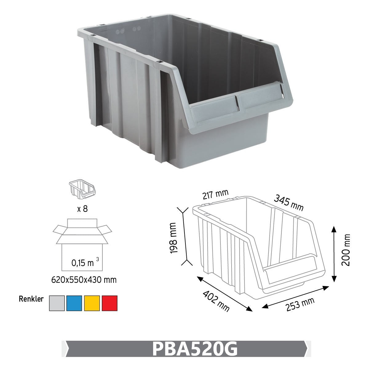 RackZone Storage Part Bins PA520, 200x253x402mm, Grey, Pack of 8.