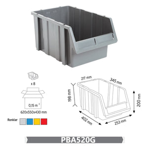 RackZone Storage Part Bins PA520, 200x253x402mm, Grey, Pack of 8.