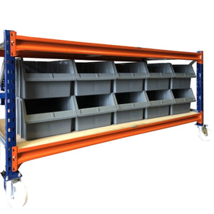 A PA550 rack with orange beams holds ten grey RackZone Storage Part Bins.
