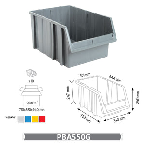 RackZone PA550 Storage Bins, 250h x 340w x 503d, Grey, Pack of 10.