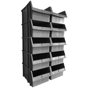 A tall RackZone PA550 rack with 10 grey Storage Part Bins, 250x340x503mm.