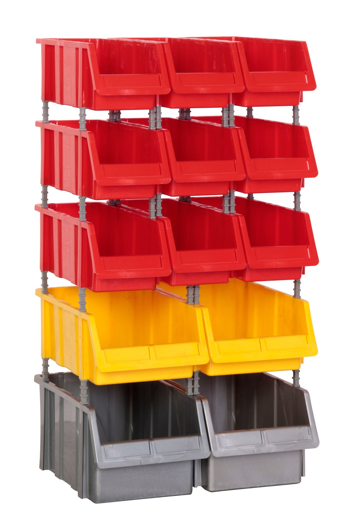 RackZone Storage Part Bins Kit in red, yellow, grey with metal frame.